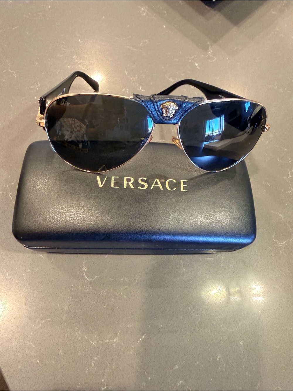 Versace Men’s Black Aviator Sunglasses with Gold Medusa Detail
